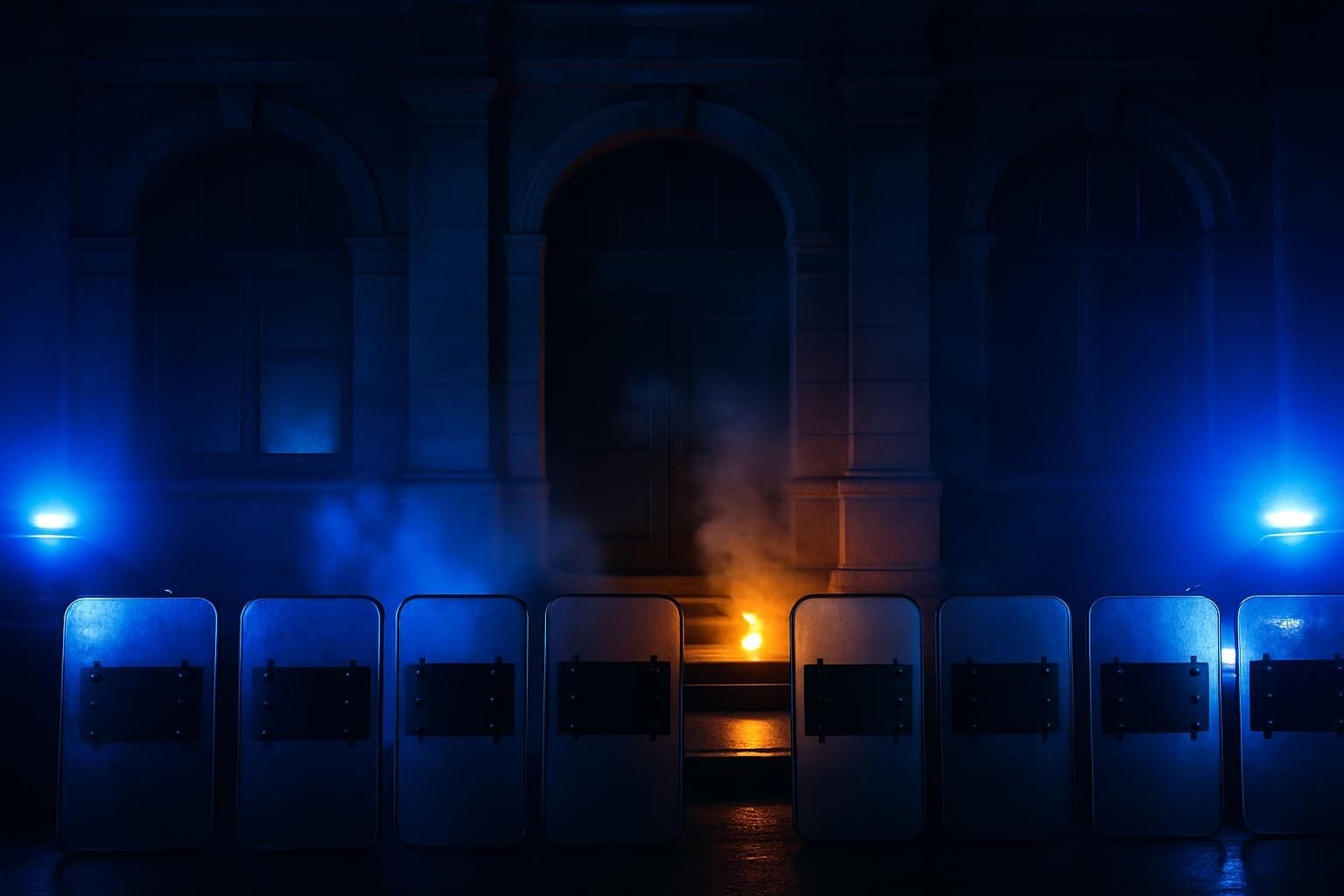 Politiegebouw in de nacht met rookpluimen en blauw zwaailicht