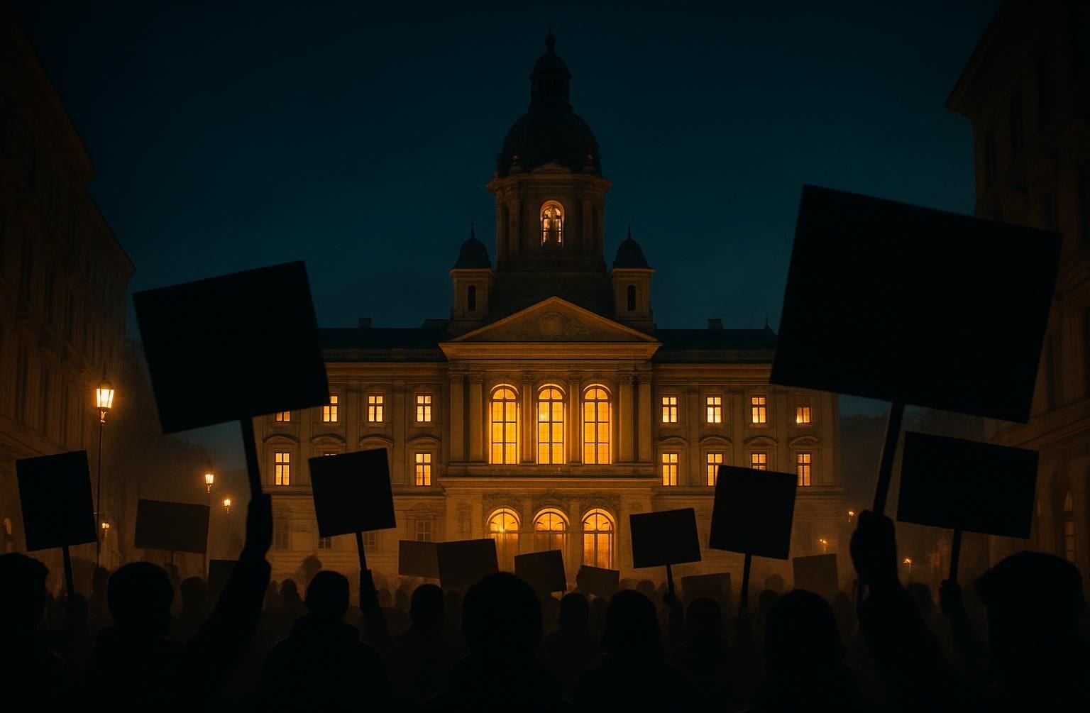 Een protest in de straten van een Europese hoofdstad bij nacht